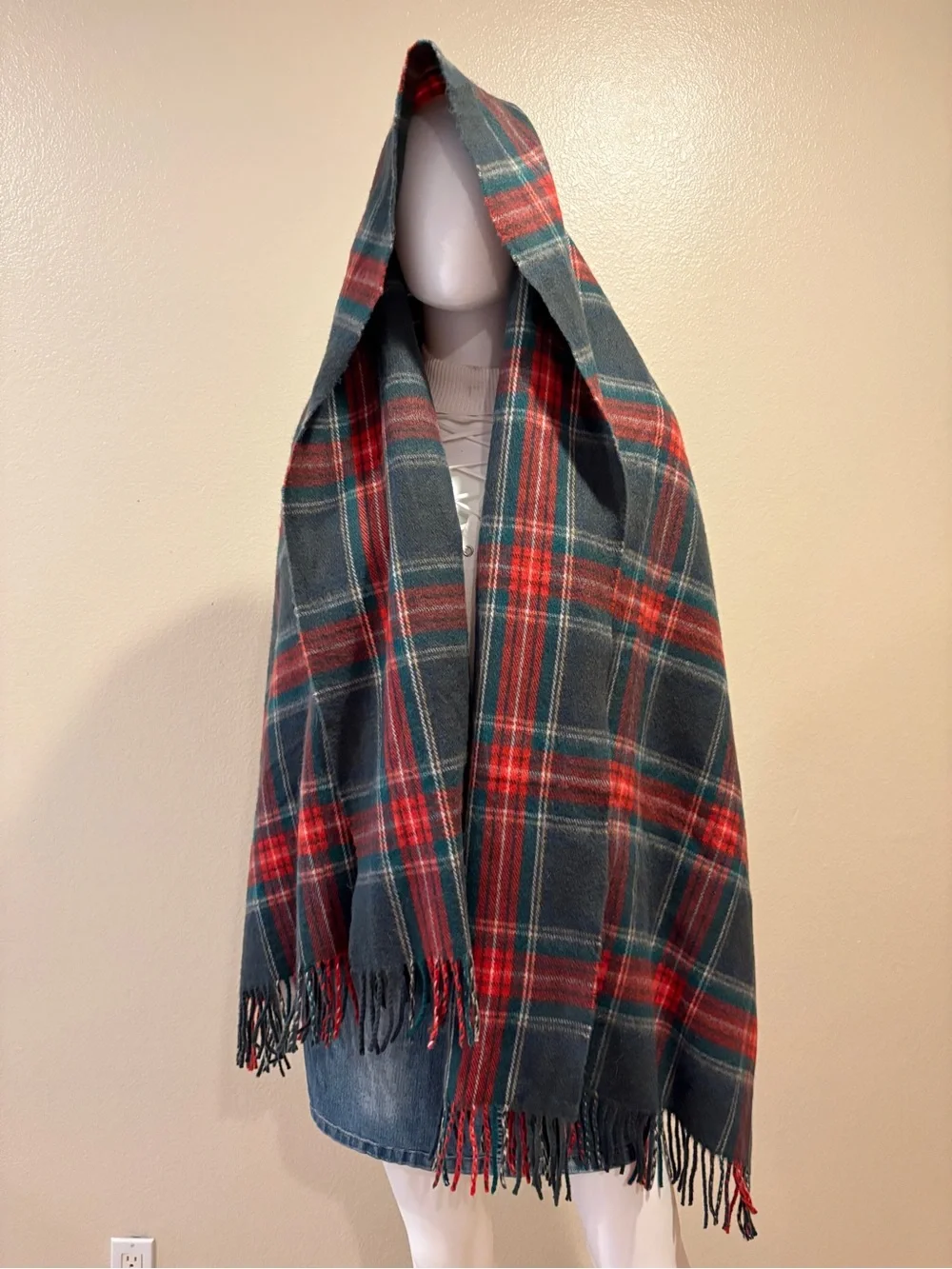 Blanket Scarf Shawl Forest Green Red Plaid Tartan Soft Cozy Cashmere Feel Fringe